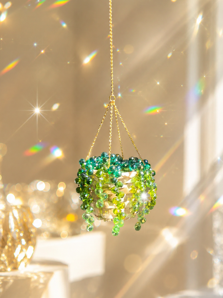 Green beaded hanging ornament with a gold chain against a sparkling background