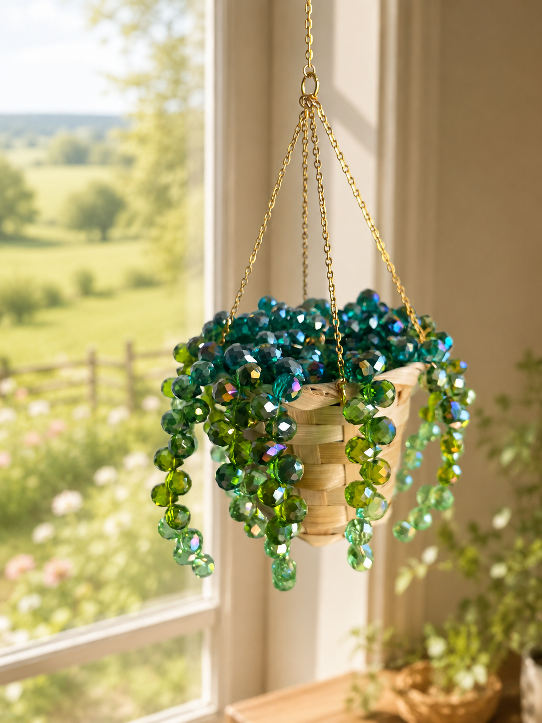 A handmade beaded hanging plant sparkling in a sunny room