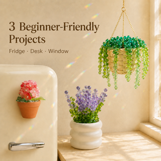 Three beginner-friendly DIY beaded plant projects with a coral pink hydrangea magnet, lavender plant, and hanging plant