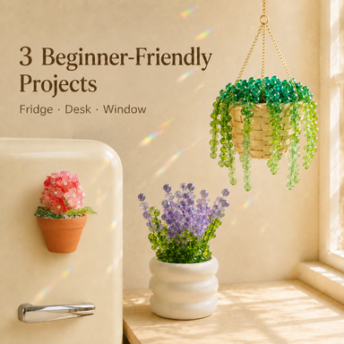 Three beginner-friendly DIY beaded plant projects with a coral pink hydrangea magnet, lavender plant, and hanging plant