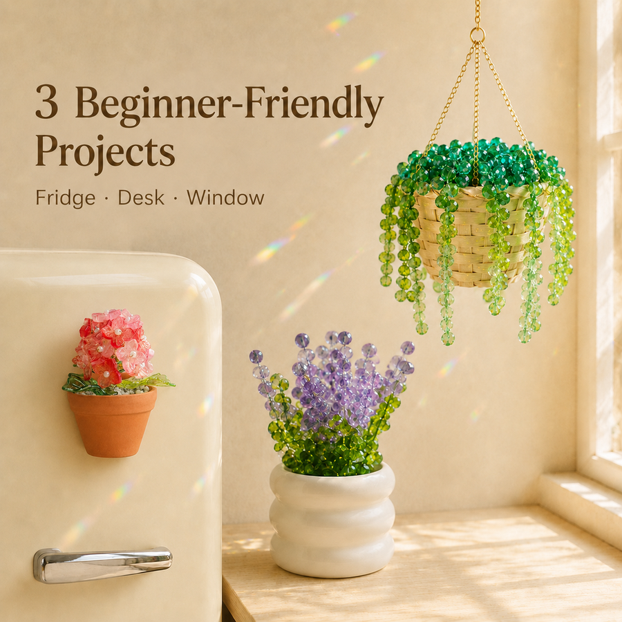 Three beginner-friendly DIY beaded plant projects with a coral pink hydrangea magnet, lavender plant, and hanging plant