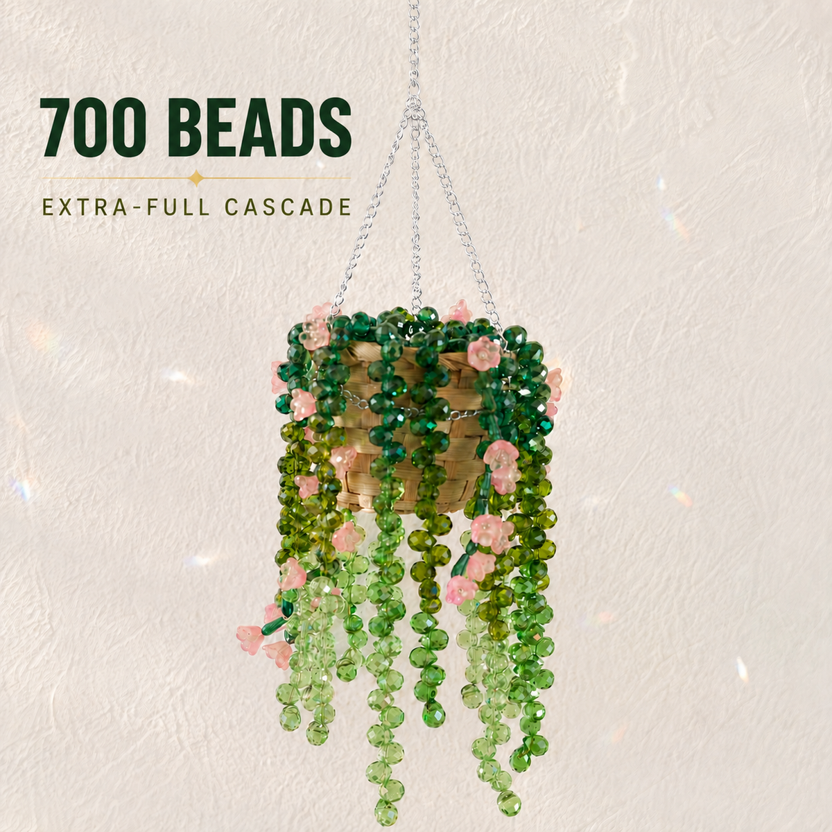 Extra-full cascading beaded plant with 700 green beads and pink flowers hanging on a gold chain
