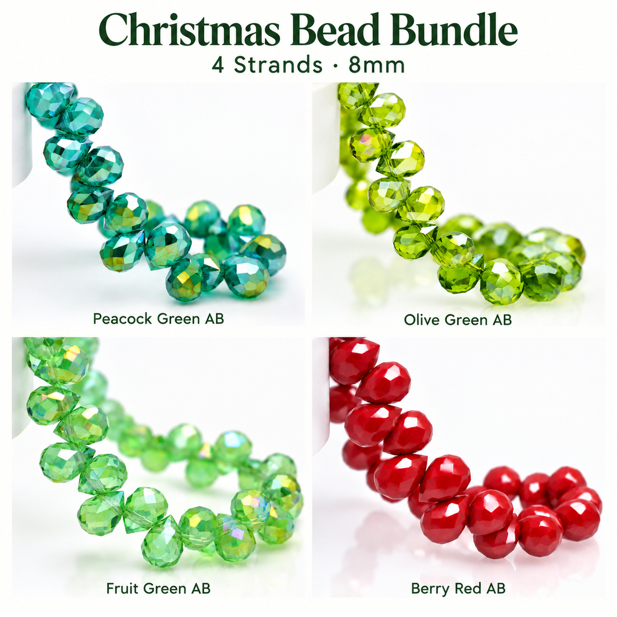 Christmas bead bundle with Peacock Green AB, Olive Green AB, Fruit Green AB and Berry Red AB faceted teardrop glass beads, four strands
