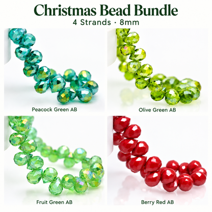 Christmas bead bundle with Peacock Green AB, Olive Green AB, Fruit Green AB and Berry Red AB faceted teardrop glass beads, four strands