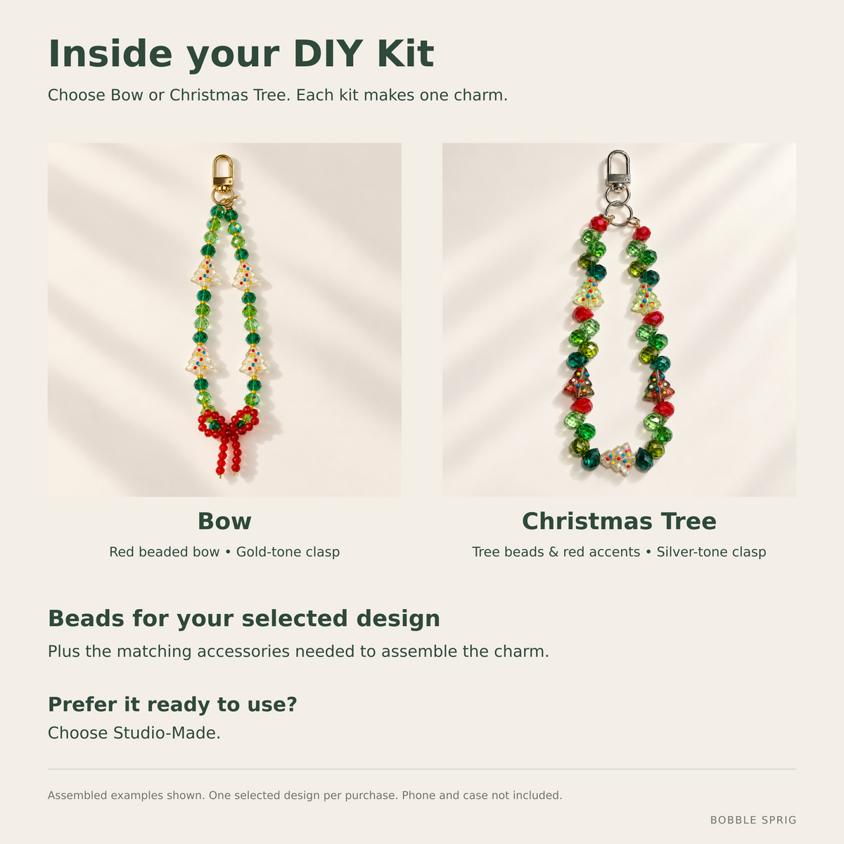 Bow and Christmas Tree DIY kit contents: beads and accessories for one selected charm