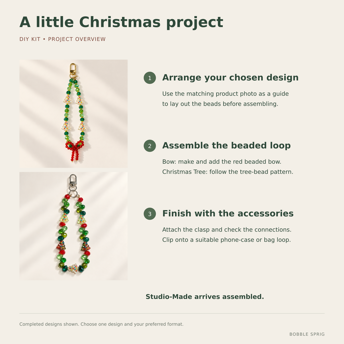 Project overview for assembling the selected Bow or Christmas Tree beaded charm