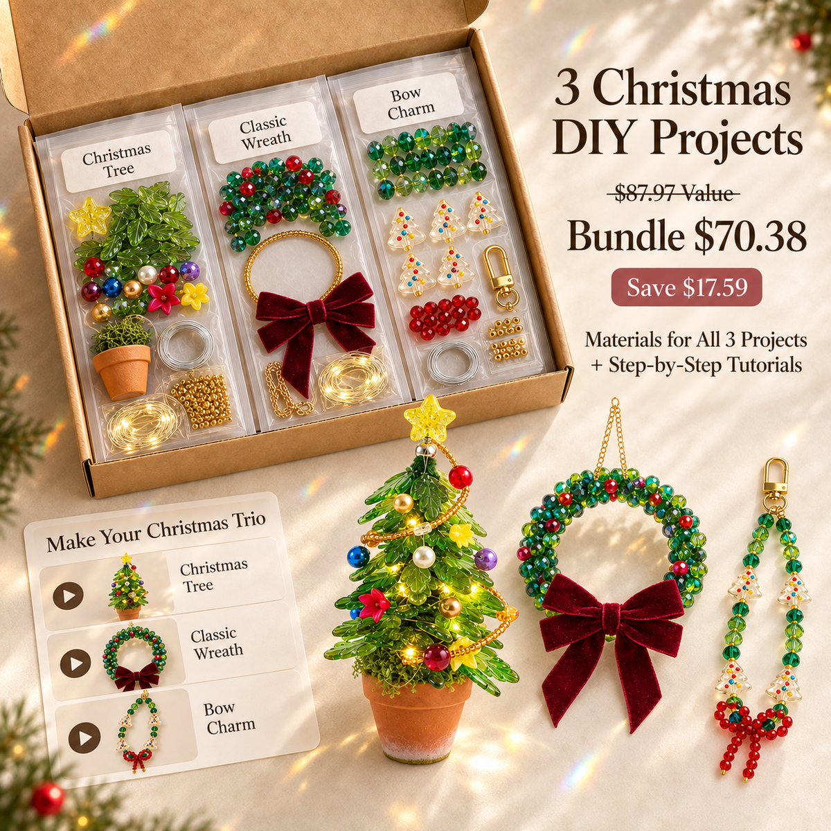 Christmas DIY bundle with materials for a Light Green tree, Classic wreath and Bow charm, showing the finished projects and $70.38 bundle price.