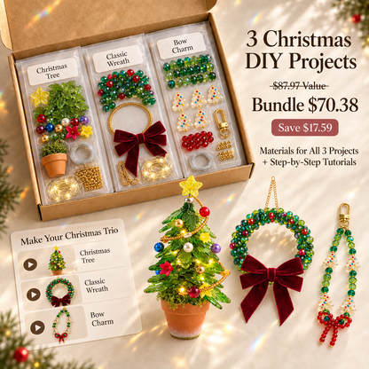 Christmas DIY bundle with materials for a Light Green tree, Classic wreath and Bow charm, showing the finished projects and $70.38 bundle price.