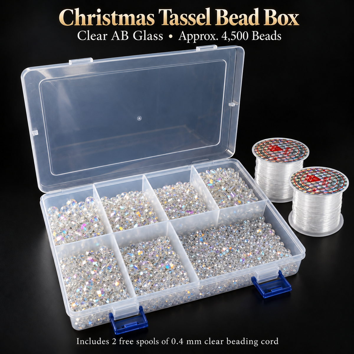 Clear AB glass Christmas tassel bead box with approximately 4,500 beads, a storage box and two free spools of 0.4 mm clear beading cord