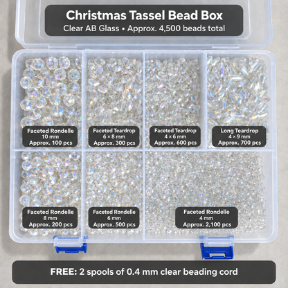 Clear AB glass bead box with bead styles, sizes and approximate quantities, approximately 4,500 beads in total