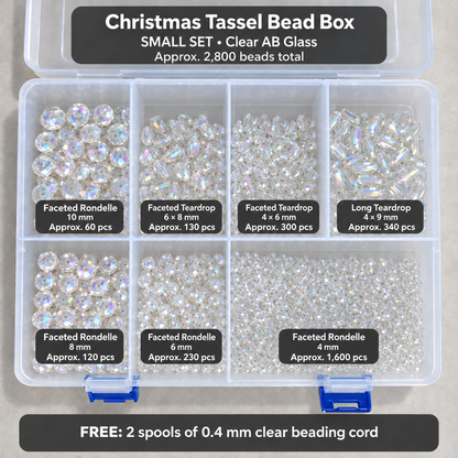 Small Set Christmas tassel bead box with approximately 2,800 clear AB glass beads, labelled sizes and approximate quantities