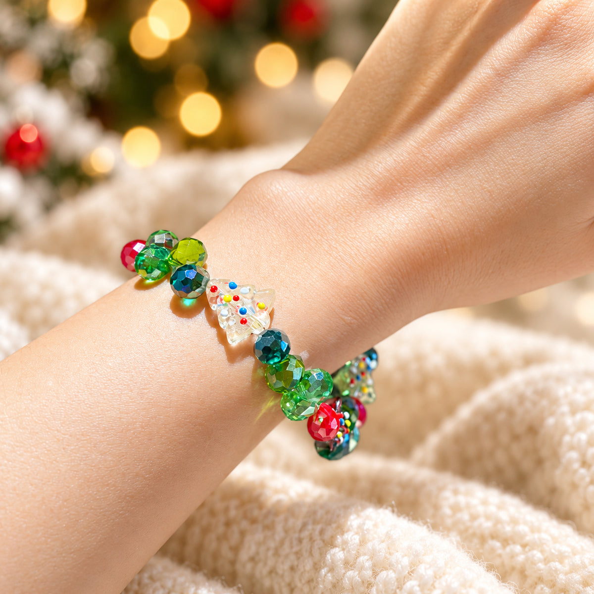 Close-up of Christmas Tree charm with tree-shaped beads and green clusters