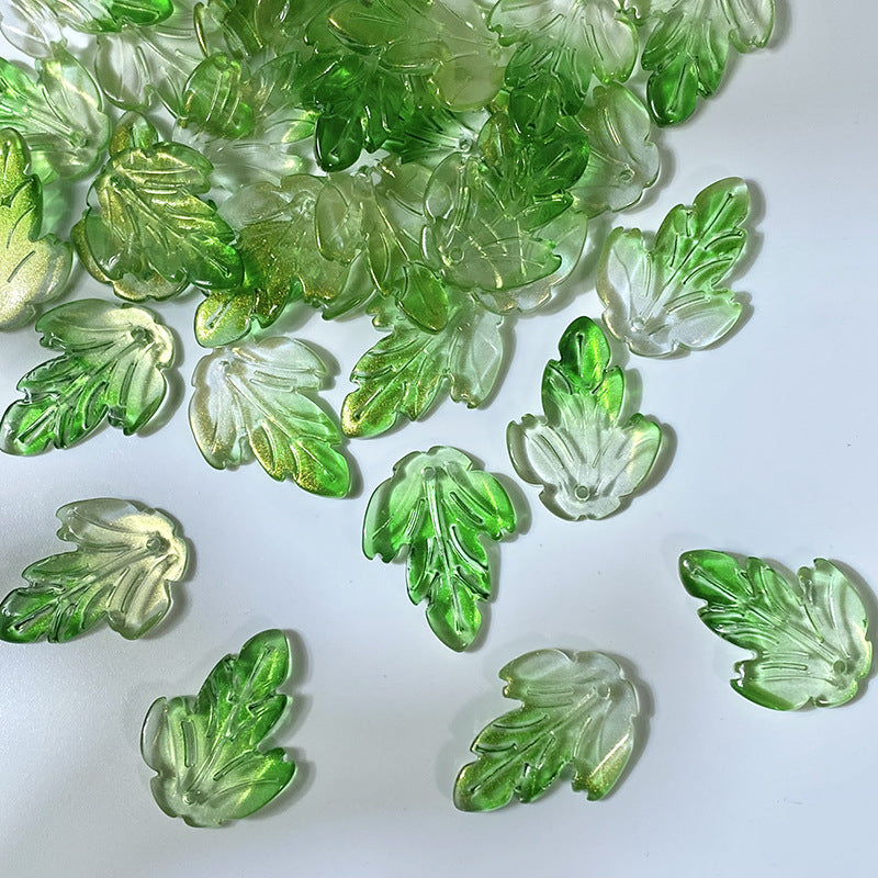 Clear Green Gold Shimmer chrysanthemum leaf glass beads, 19 x 26 mm