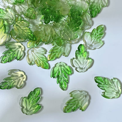 Clear Green Gold Shimmer chrysanthemum leaf glass beads, 19 x 26 mm