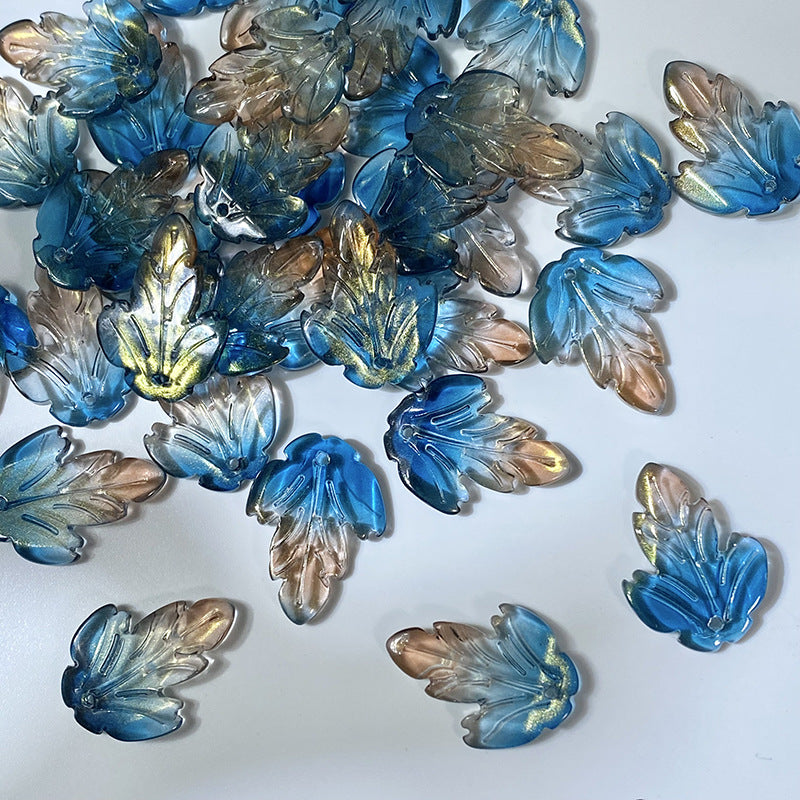 Dawn Gold chrysanthemum leaf glass beads, 19 x 26 mm