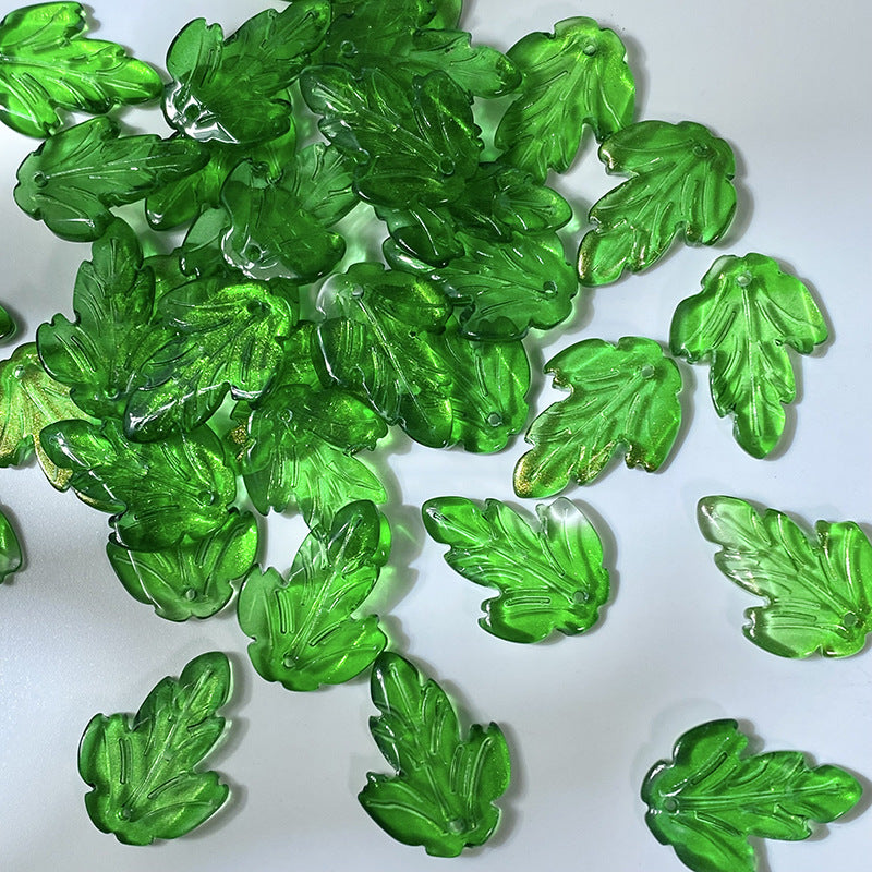 Grass Green Gold Shimmer chrysanthemum leaf glass beads, 19 x 26 mm
