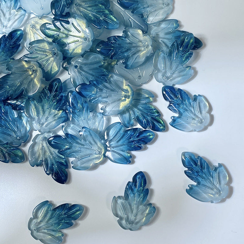 Ink Blue Gold Shimmer chrysanthemum leaf glass beads, 19 x 26 mm