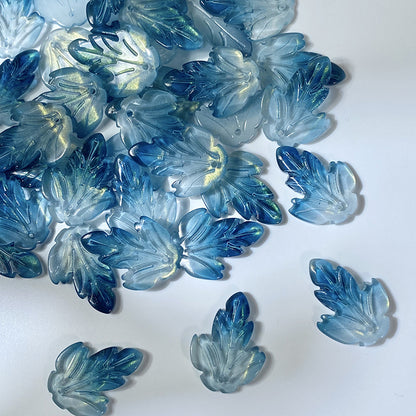 Ink Blue Gold Shimmer chrysanthemum leaf glass beads, 19 x 26 mm