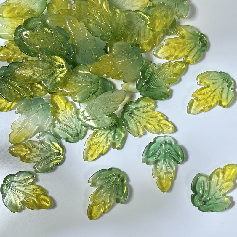 Yellow Green Gold Shimmer chrysanthemum leaf glass beads, 19 x 26 mm