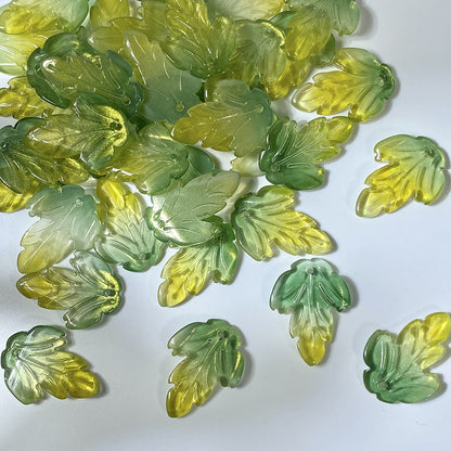 Yellow Green Gold Shimmer chrysanthemum leaf glass beads, 19 x 26 mm