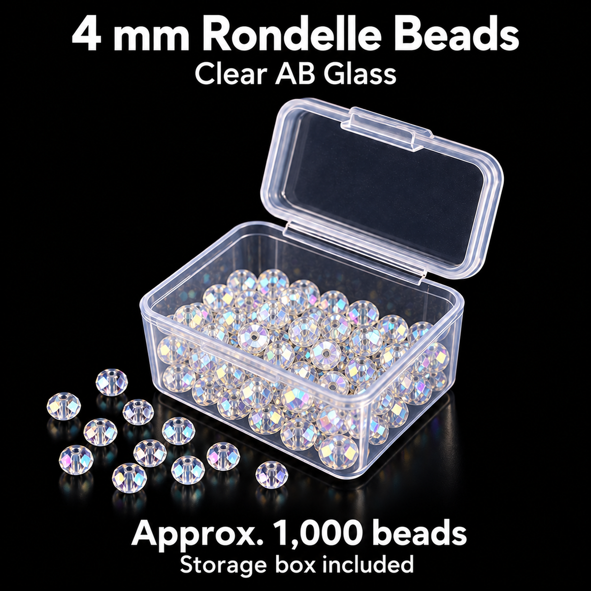 Approximately 1,000 4 mm clear AB faceted glass rondelle beads in one small clear storage box