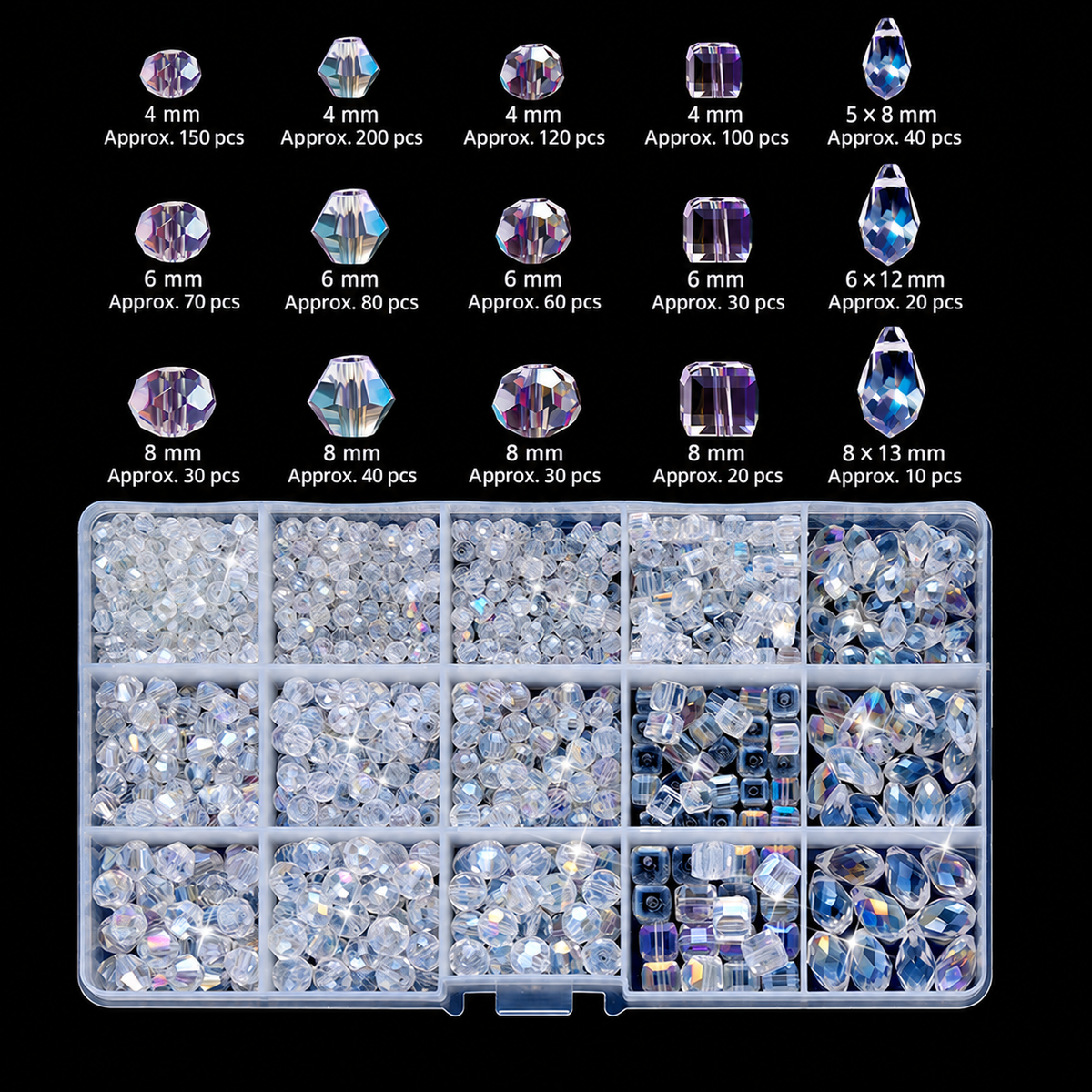 Mixed Shapes set: approximately 1,000 clear AB glass rondelles, bicones, rounds, cubes and teardrops in a 15-compartment organizer, with English size and approximate quantity labels