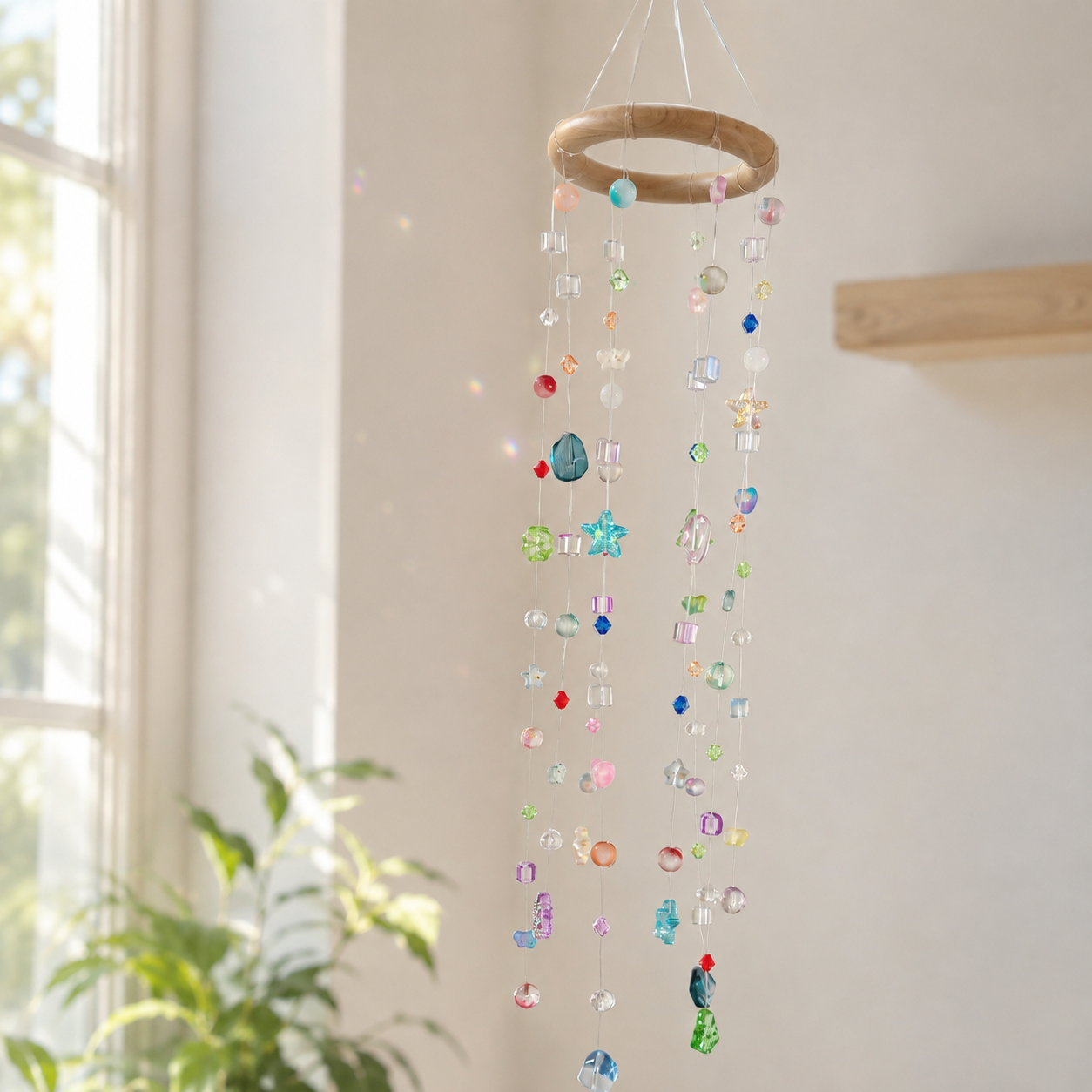Colorful beaded hanging mobile suncatcher beside a sunny window and green plant