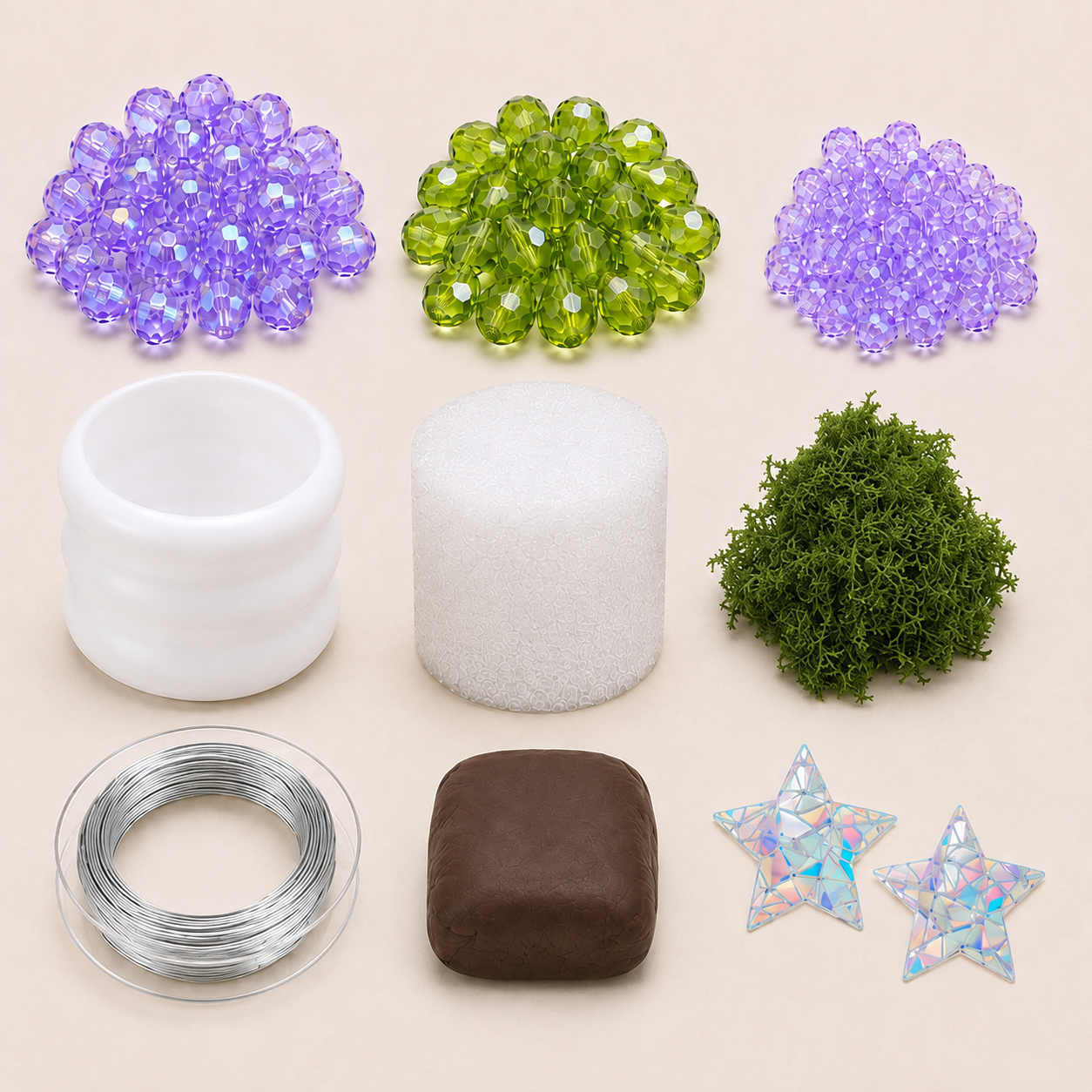 Crystal lavender beaded plant DIY kit materials with purple and green beads, pot, wire, foam, clay, faux grass, and stickers
