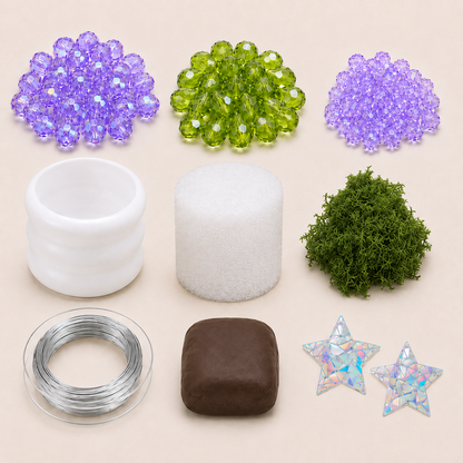 Crystal lavender beaded plant DIY kit materials with purple and green beads, pot, wire, foam, clay, faux grass, and stickers