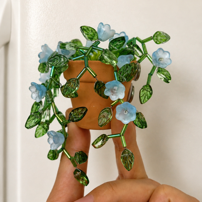 Finished teal beaded plant fridge magnet with crystal bead vines