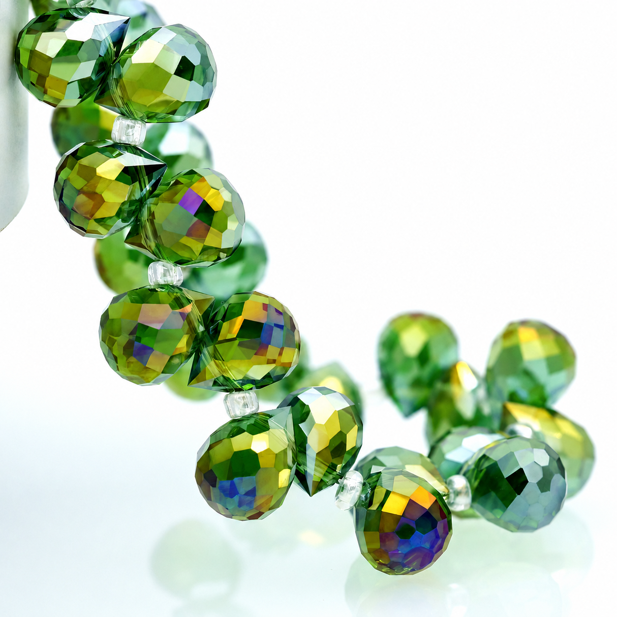 Deep Green AB faceted teardrop K9 glass bead strand