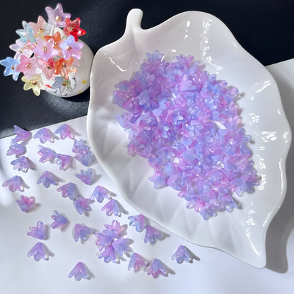 Blue Pink Gradient glass lily flower beads, 50 pieces per pack