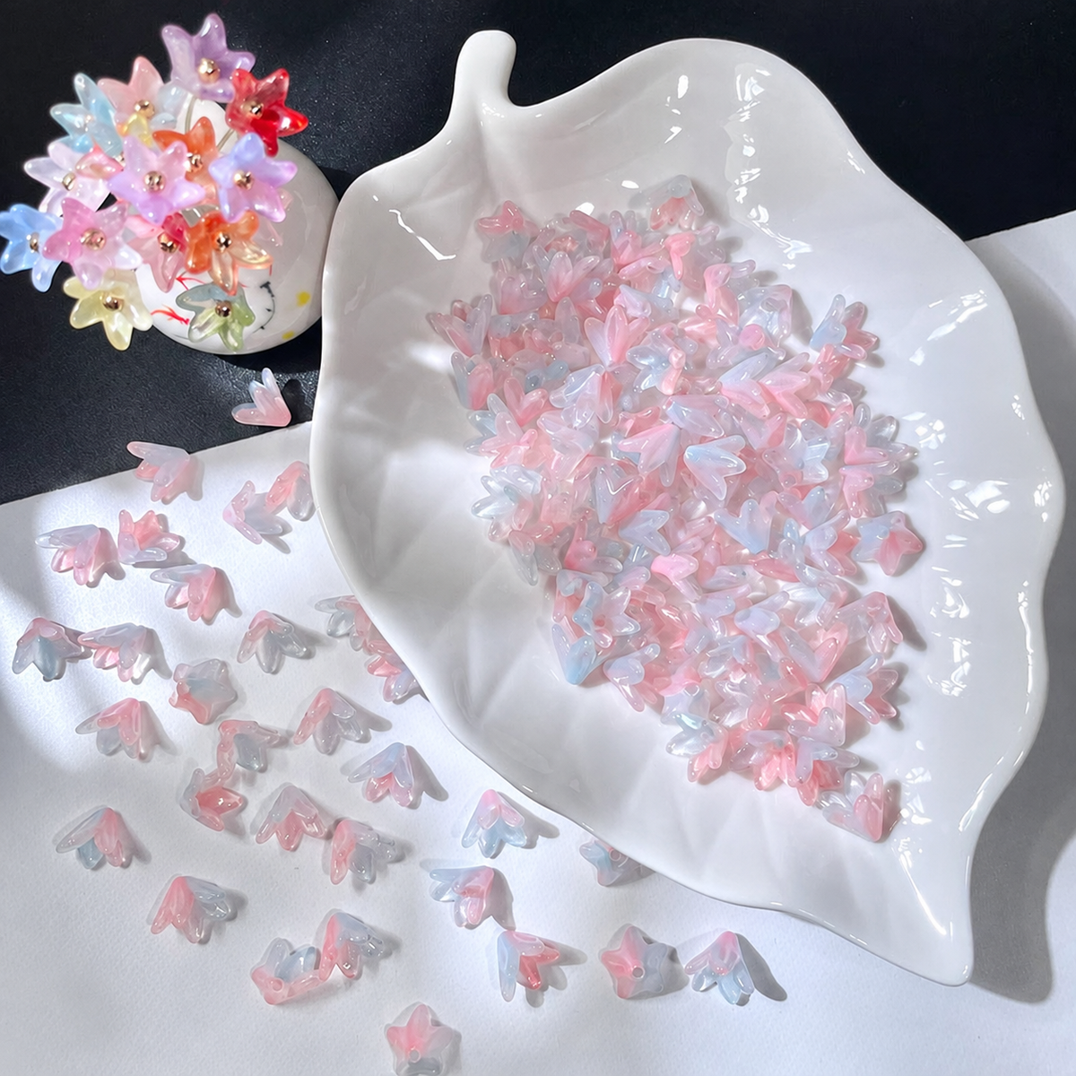 Blush Blue glass lily flower beads, 50 pieces per pack