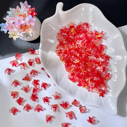 Mermaid Red Shimmer glass lily flower beads, 50 pieces per pack