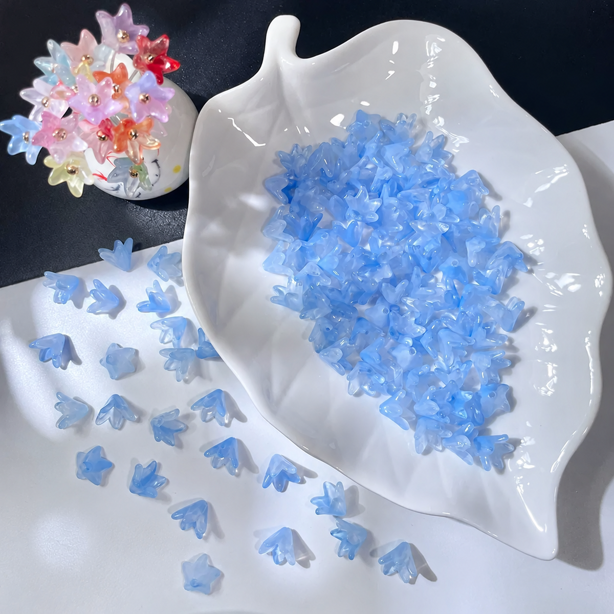 Misty Blue glass lily flower beads, 50 pieces per pack