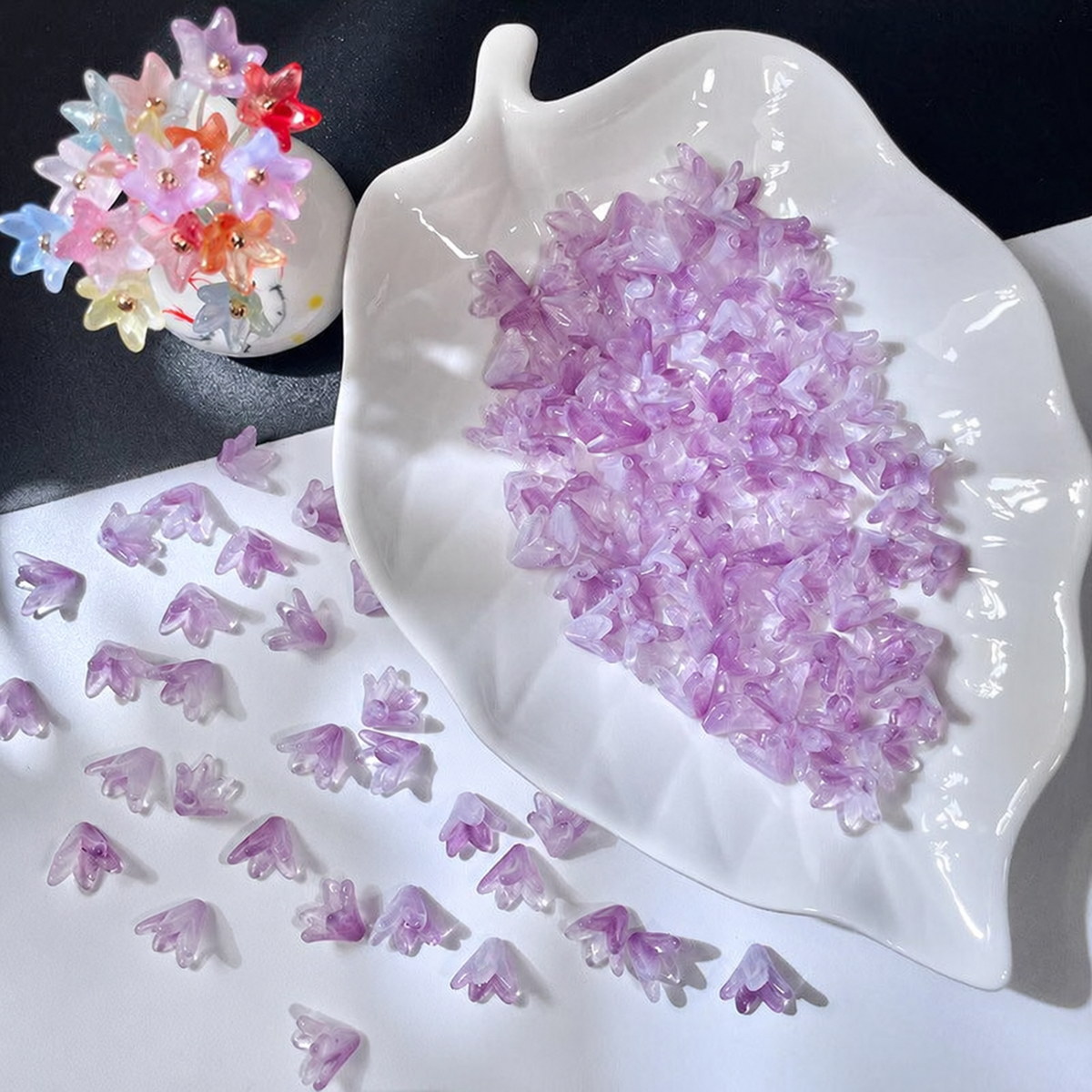 Misty Purple Gradient glass lily flower beads, 50 pieces per pack