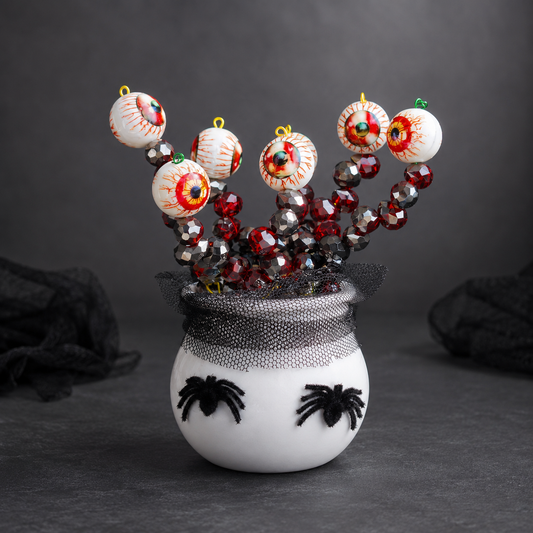 Halloween eyeball beaded plant front angle with two black spiders, square studio product photo