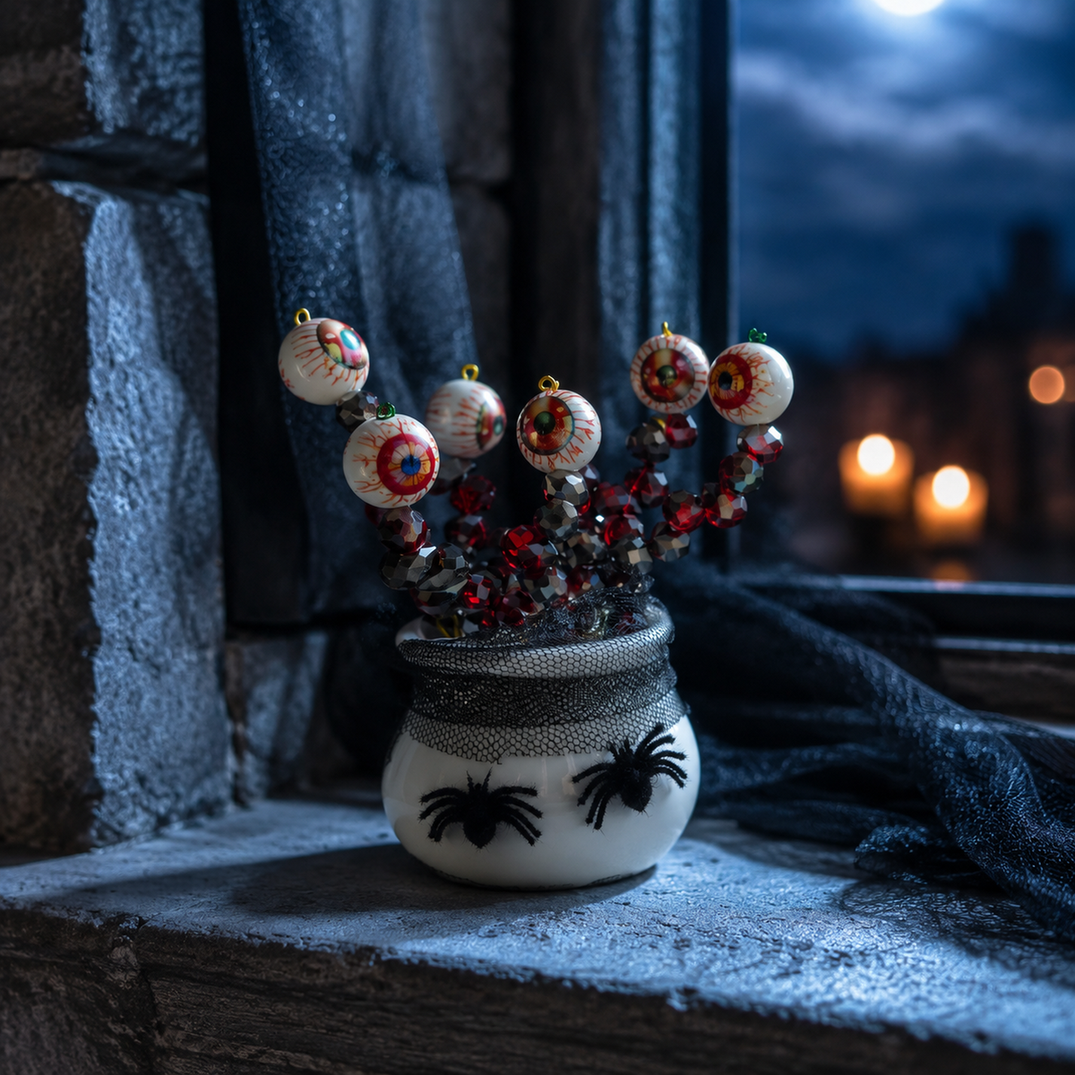 Halloween eyeball beaded plant wide angle on a moonlit stone windowsill, square product photo