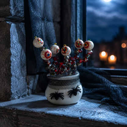 Halloween eyeball beaded plant wide angle on a moonlit stone windowsill, square product photo