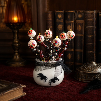 Halloween eyeball beaded plant reverse angle in a gothic vintage study, square product photo