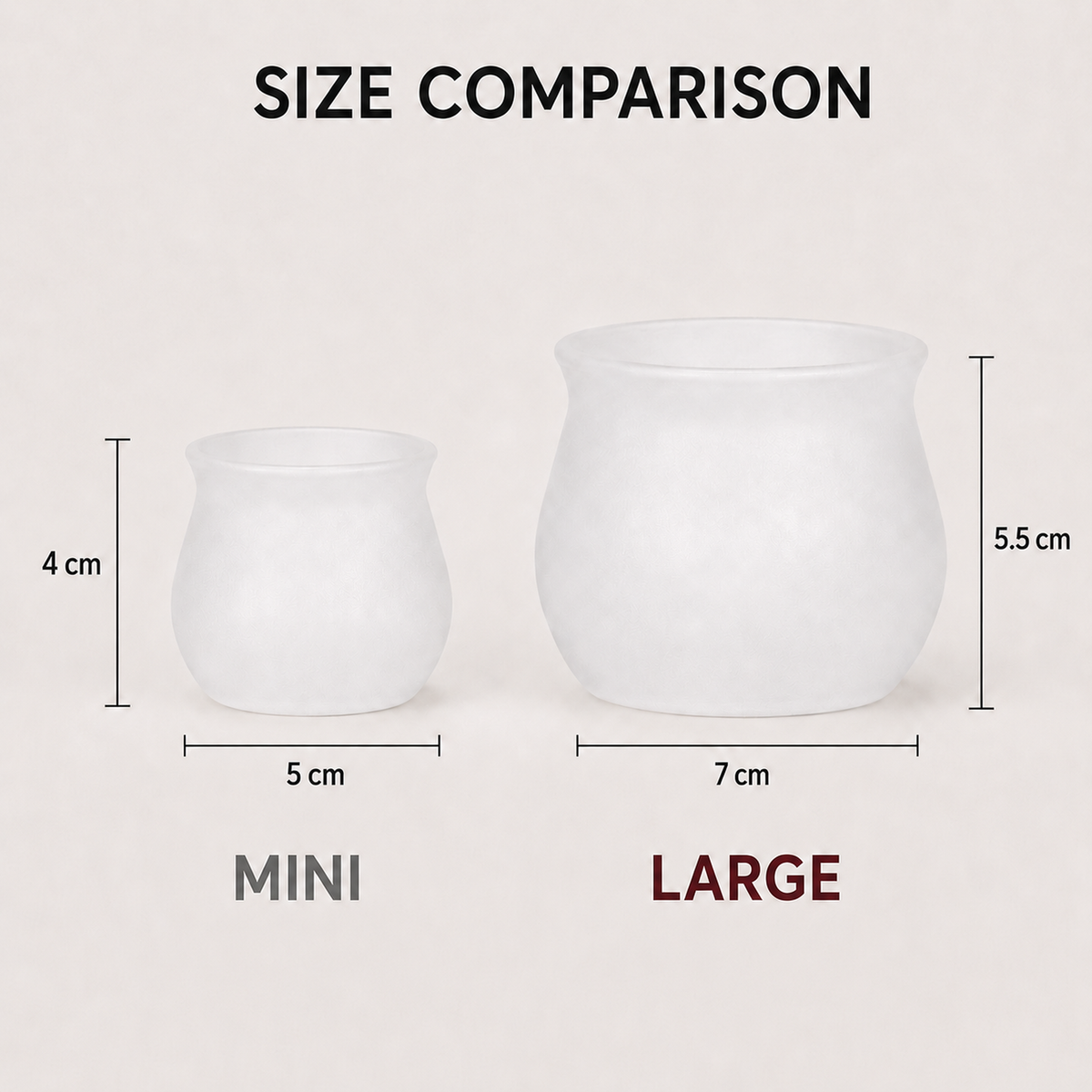Mini 5 by 4 cm and large 7 by 5.5 cm empty pot size comparison
