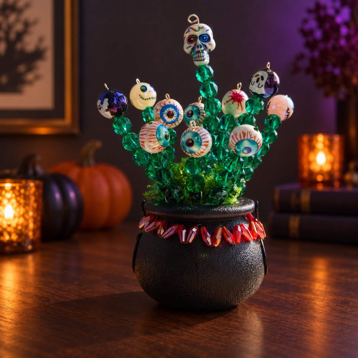 Halloween witch cauldron beaded plant displayed on a dark wood table