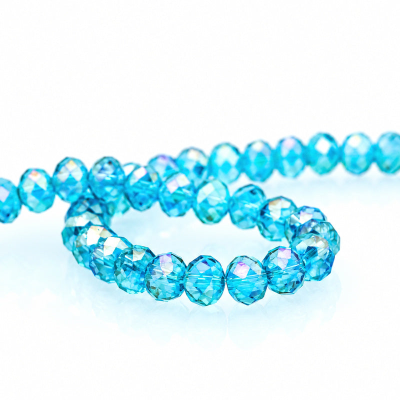 K9 faceted crystal glass rondelle beads in Aqua Blue AB - sold by the strand