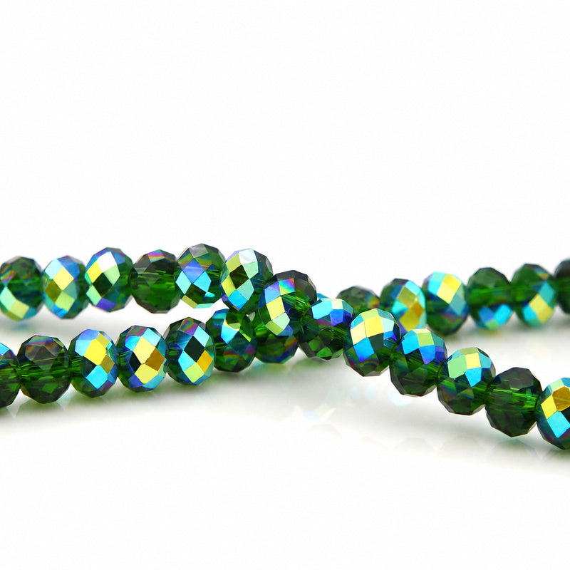 K9 faceted crystal glass rondelle beads in Deep Green Aurora - sold by the strand