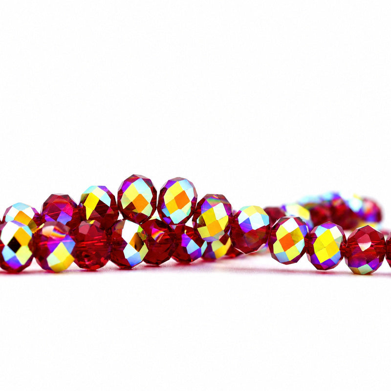 K9 faceted crystal glass rondelle beads in Deep Red Aurora - sold by the strand
