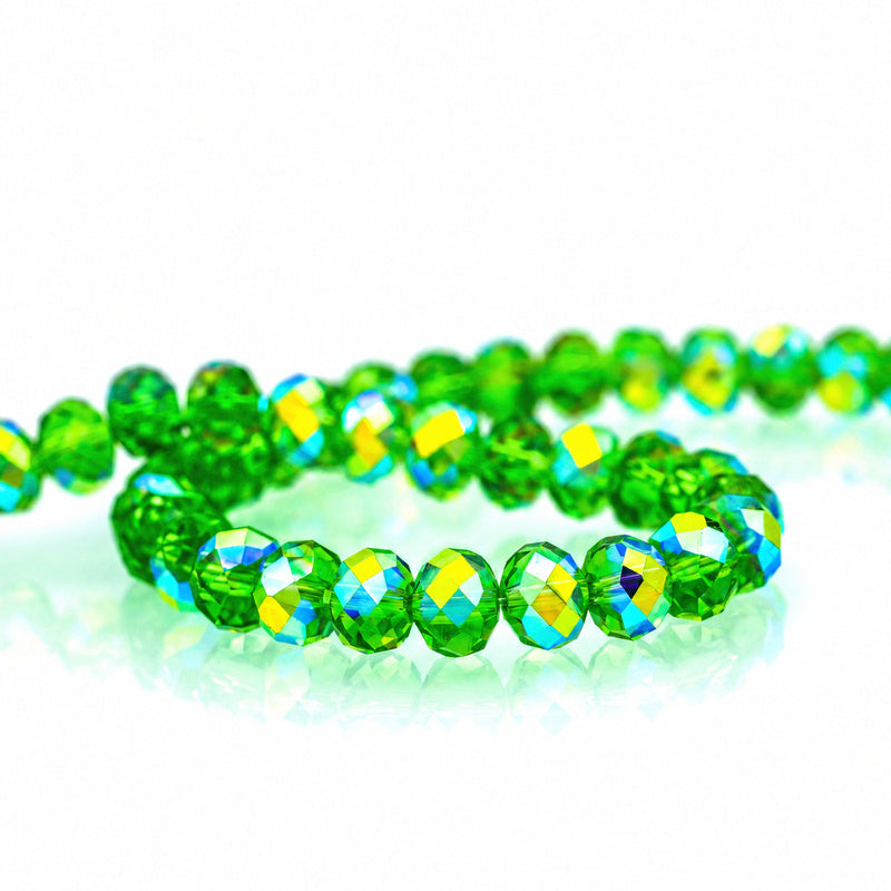 K9 faceted crystal glass rondelle beads in Grass Green Aurora - sold by the strand