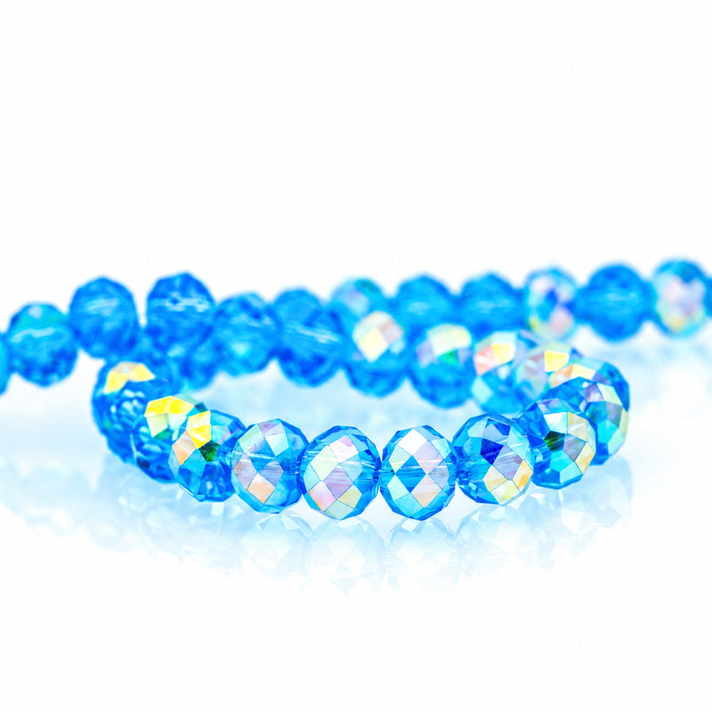 K9 faceted crystal glass rondelle beads in Lake Blue Aurora - sold by the strand
