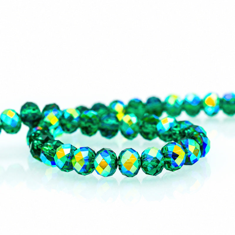 K9 faceted crystal glass rondelle beads in Peacock Green Aurora - sold by the strand