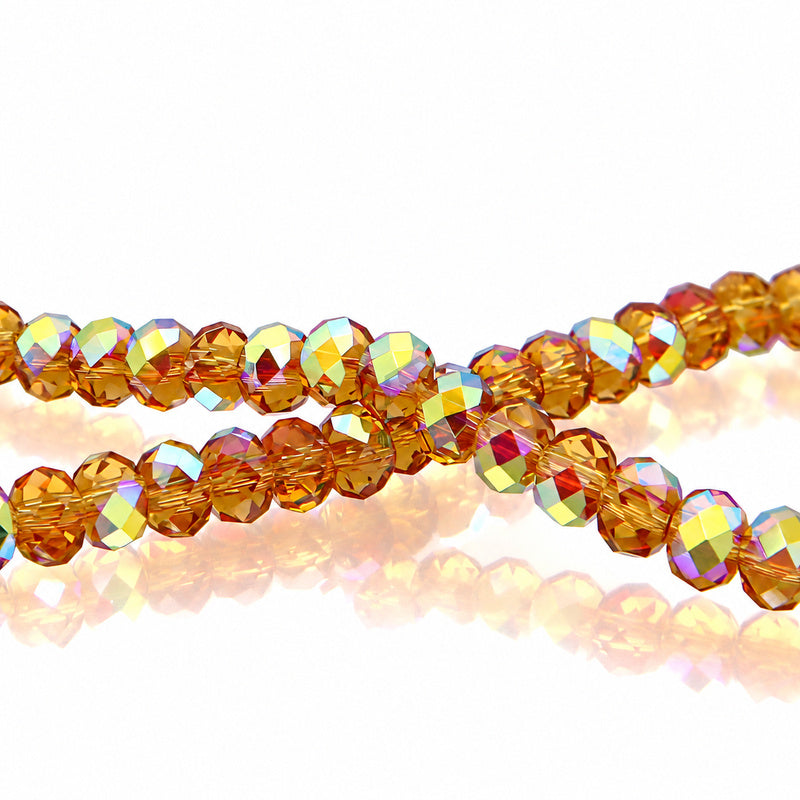K9 faceted crystal glass rondelle beads in Tiger Brown Aurora - sold by the strand