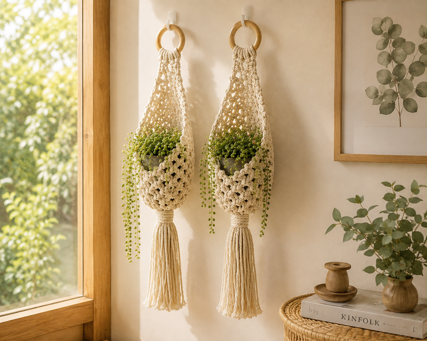 Boho window display with handmade macrame hanging baskets